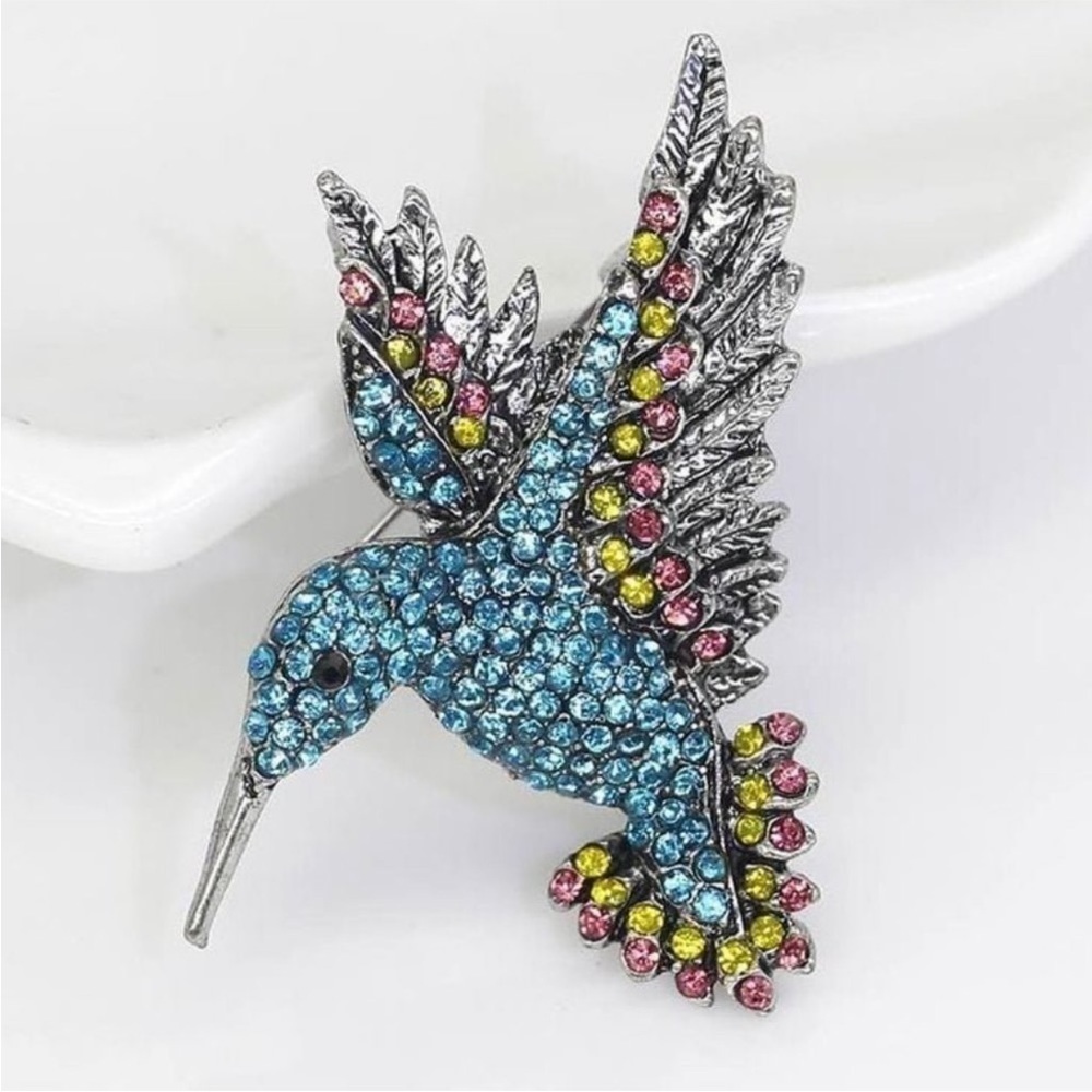 Blue Rhinestone Hummingbird Brooch - Picture 2 of 6